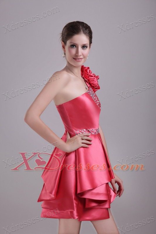 Red A-Line / Princess One Shoulder Mini-length Taffeta Rhinestone Holiday Graduation Dresses