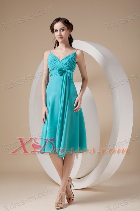 Turquoise Column/Sheath Spaghetti Straps Knee-length Chiffon Bow Bridesmaid dresses