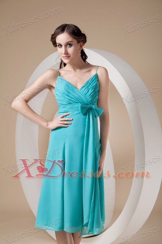 Turquoise Column/Sheath Spaghetti Straps Knee-length Chiffon Bow Bridesmaid dresses