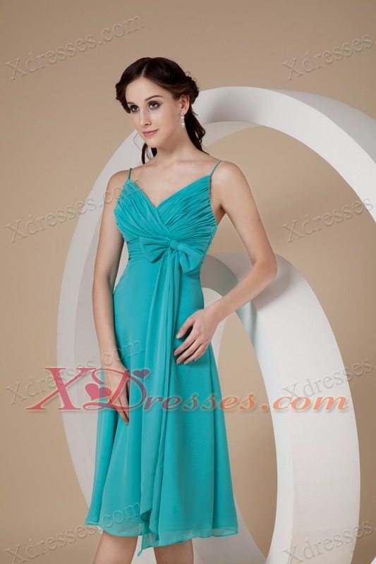 Turquoise Column/Sheath Spaghetti Straps Knee-length Chiffon Bow Bridesmaid dresses