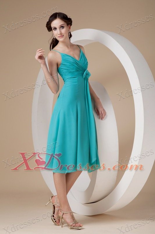 Turquoise Column/Sheath Spaghetti Straps Knee-length Chiffon Bow Bridesmaid dresses