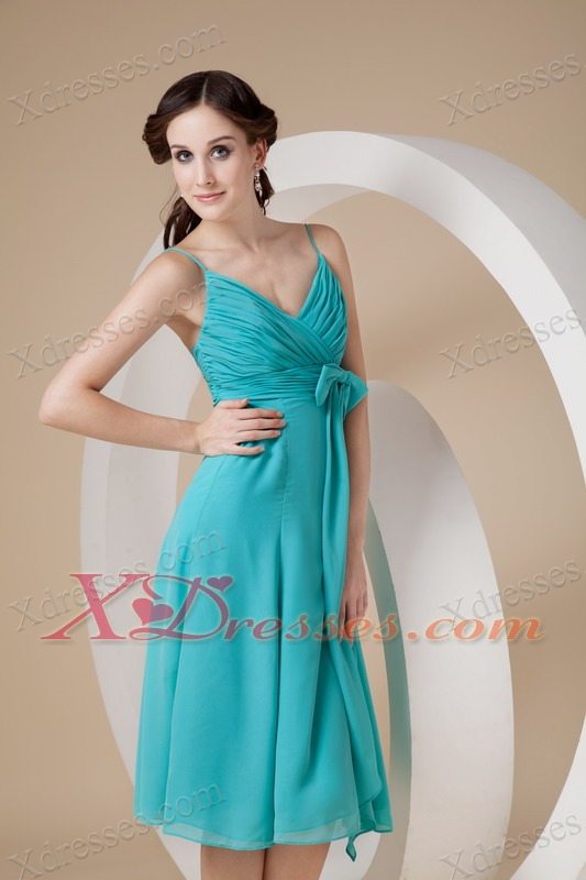 Turquoise Column/Sheath Spaghetti Straps Knee-length Chiffon Bow Bridesmaid dresses