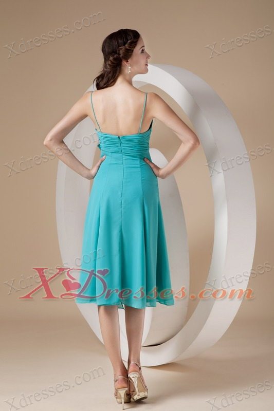 Turquoise Column/Sheath Spaghetti Straps Knee-length Chiffon Bow Bridesmaid dresses