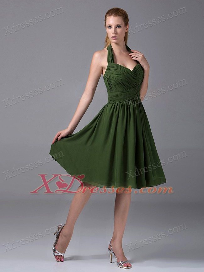 Halter Ruched Chiffon A-Line Knee-length Olive Green Bridesmaid Dress