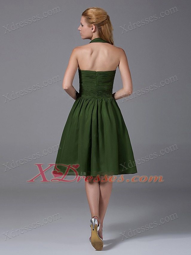 Halter Ruched Chiffon A-Line Knee-length Olive Green Bridesmaid Dress
