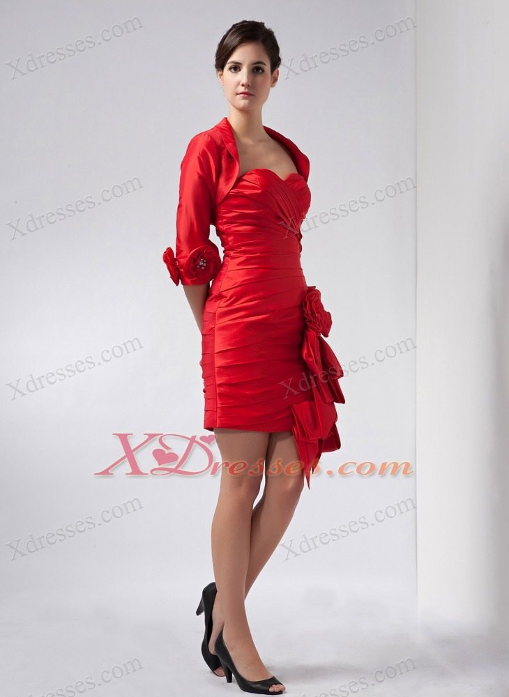 Red Column Sweetheart Mini-length Taffeta Hand Made Flowers Mother Of The Bride Dress
