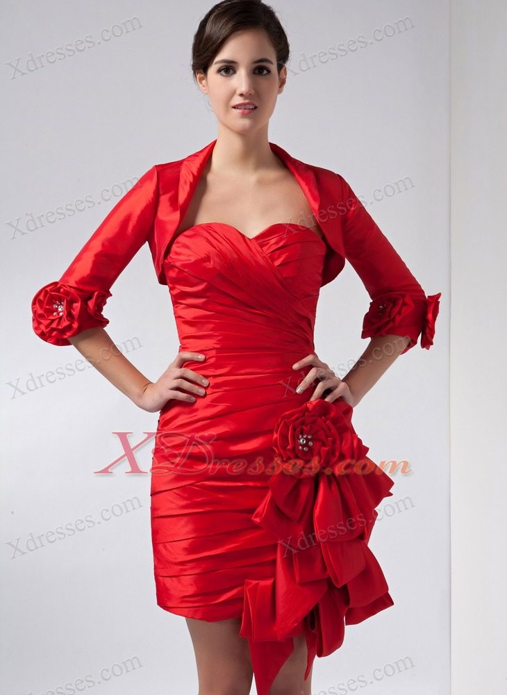 Red Column Sweetheart Mini-length Taffeta Hand Made Flowers Mother Of The Bride Dress