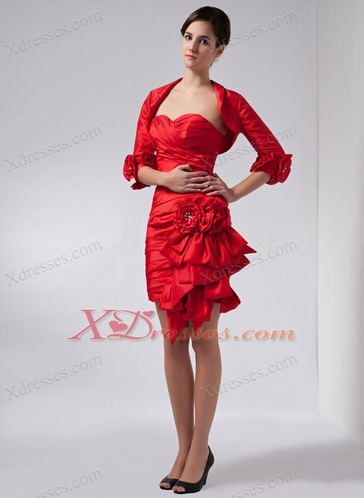 Red Column Sweetheart Mini-length Taffeta Hand Made Flowers Mother Of The Bride Dress