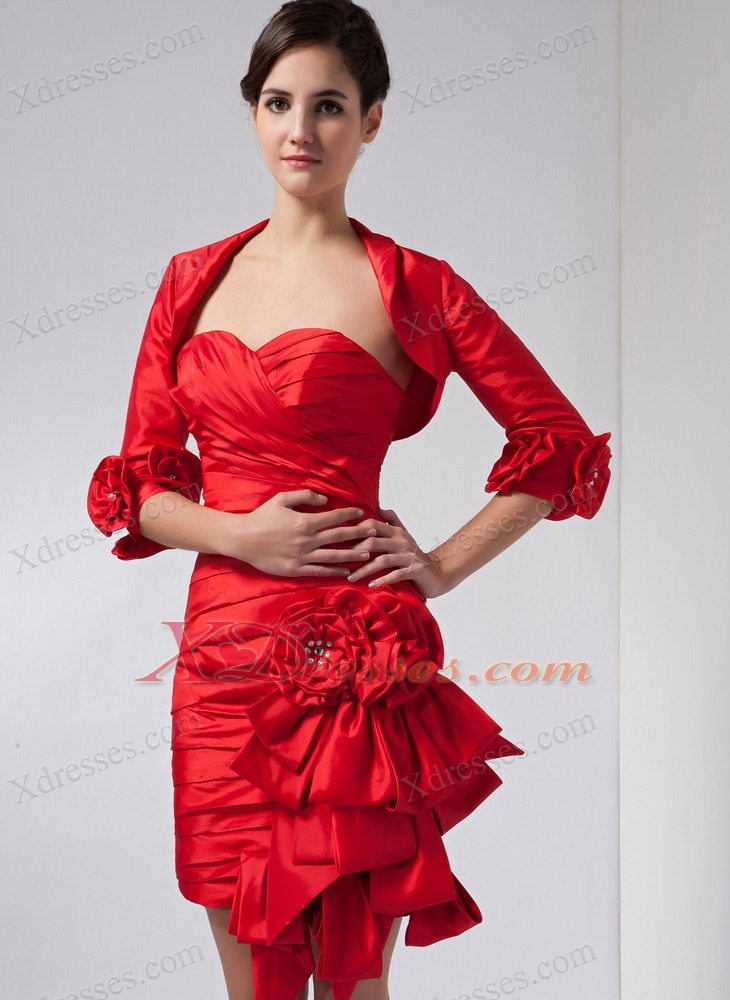 Red Column Sweetheart Mini-length Taffeta Hand Made Flowers Mother Of The Bride Dress
