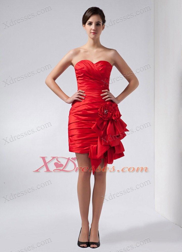 Red Column Sweetheart Mini-length Taffeta Hand Made Flowers Mother Of The Bride Dress