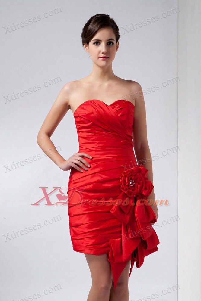 Red Column Sweetheart Mini-length Taffeta Hand Made Flowers Mother Of The Bride Dress
