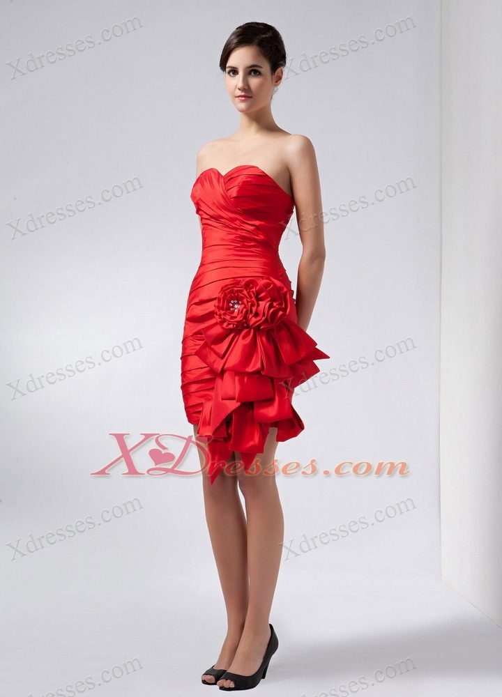 Red Column Sweetheart Mini-length Taffeta Hand Made Flowers Mother Of The Bride Dress