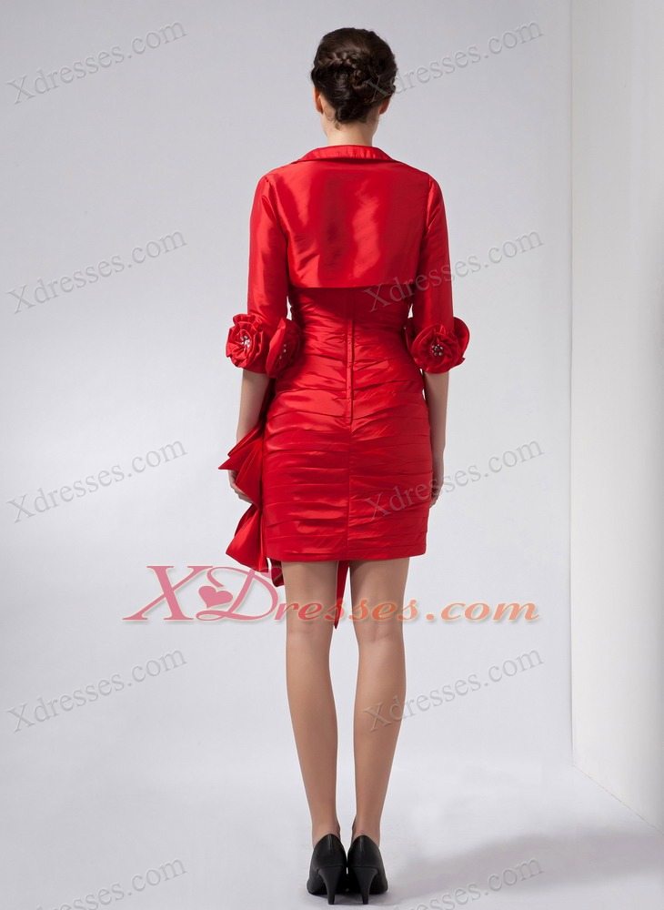 Red Column Sweetheart Mini-length Taffeta Hand Made Flowers Mother Of The Bride Dress