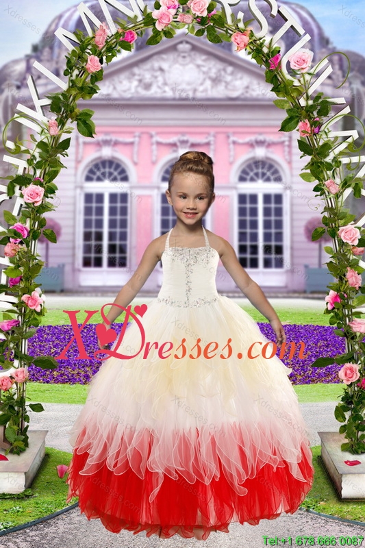 Multi Color Strapless Beading Quinceanera Dress and White Strapless Ruching Prom Dresses and Halter Top Beading Little Girl Dress