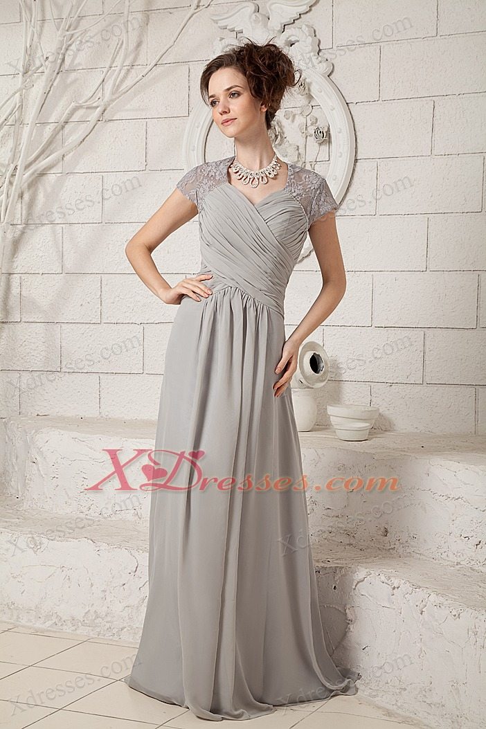 Grey Column V-neck Floor-length Chiffon Lace Mother Of The Bride Dress