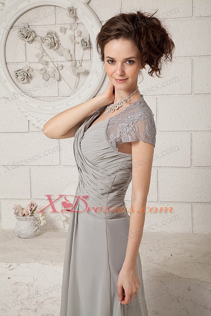 Grey Column V-neck Floor-length Chiffon Lace Mother Of The Bride Dress