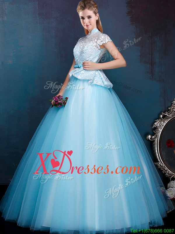 Elegant High Neck Cap Sleeves Bridesmaid Dress with Bowknot and Lace
