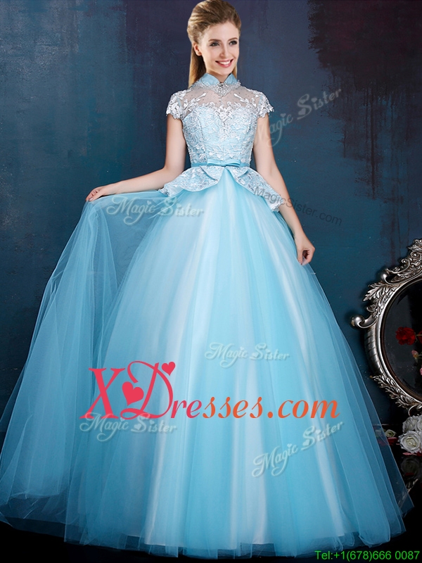 Elegant High Neck Cap Sleeves Bridesmaid Dress with Bowknot and Lace