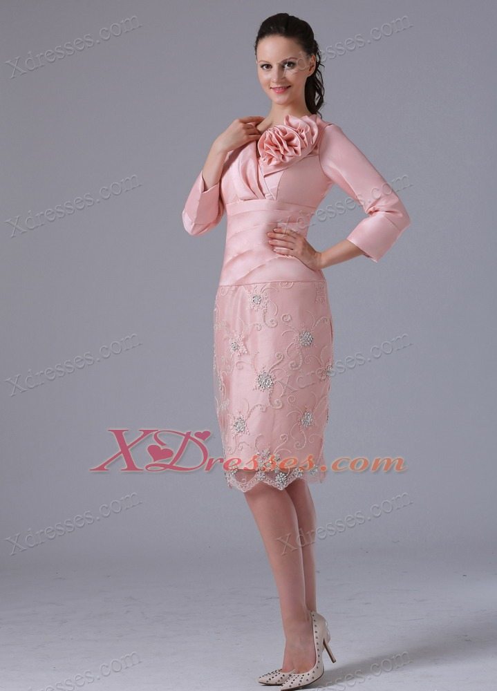 Modest Baby Pink Long Sleeves Mother Of The Bride Dress With Hand Made Flowers Knee-length