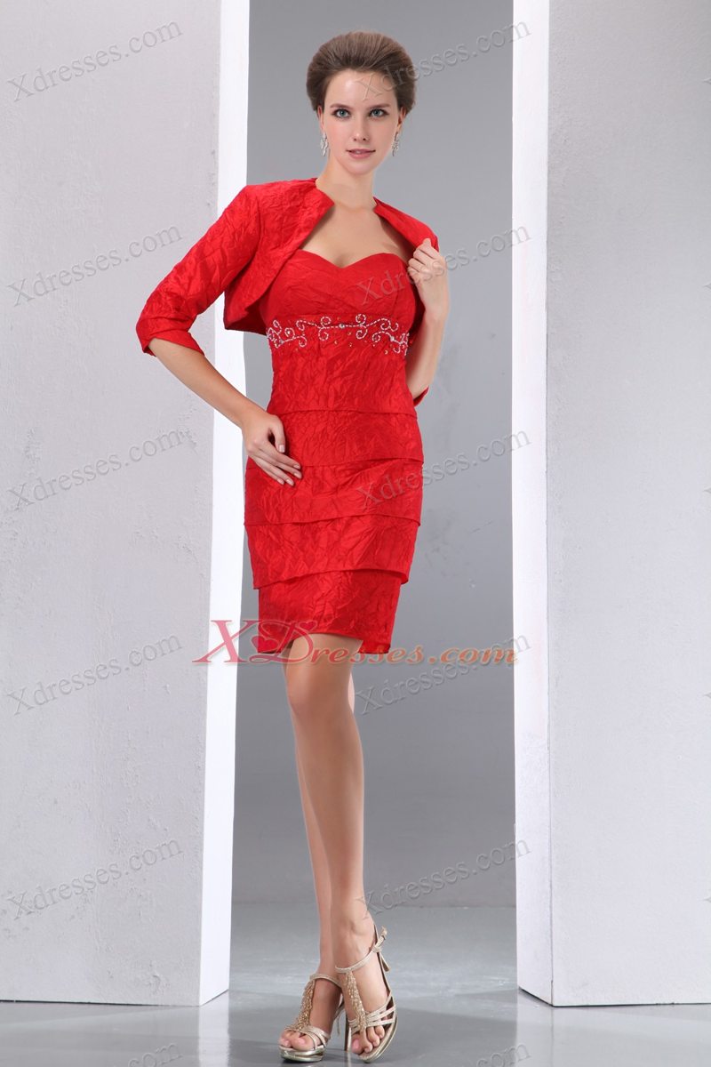 Red Column Sweetheart Mini-length Taffeta Beading Mother of the Bride Dress