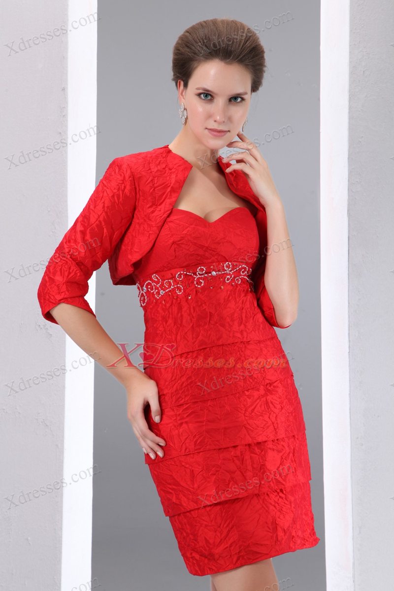 Red Column Sweetheart Mini-length Taffeta Beading Mother of the Bride Dress