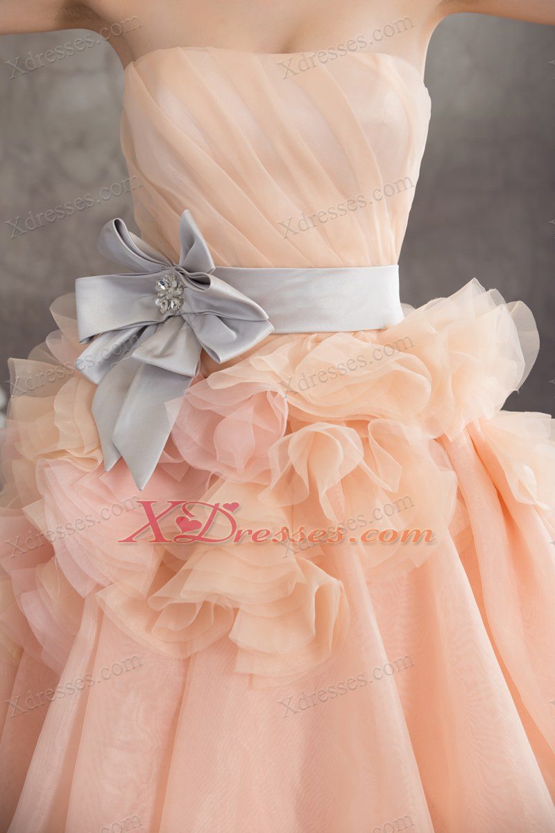 Baby Pink A-line Strapless Ruffles Sash Court Train Wedding Dress