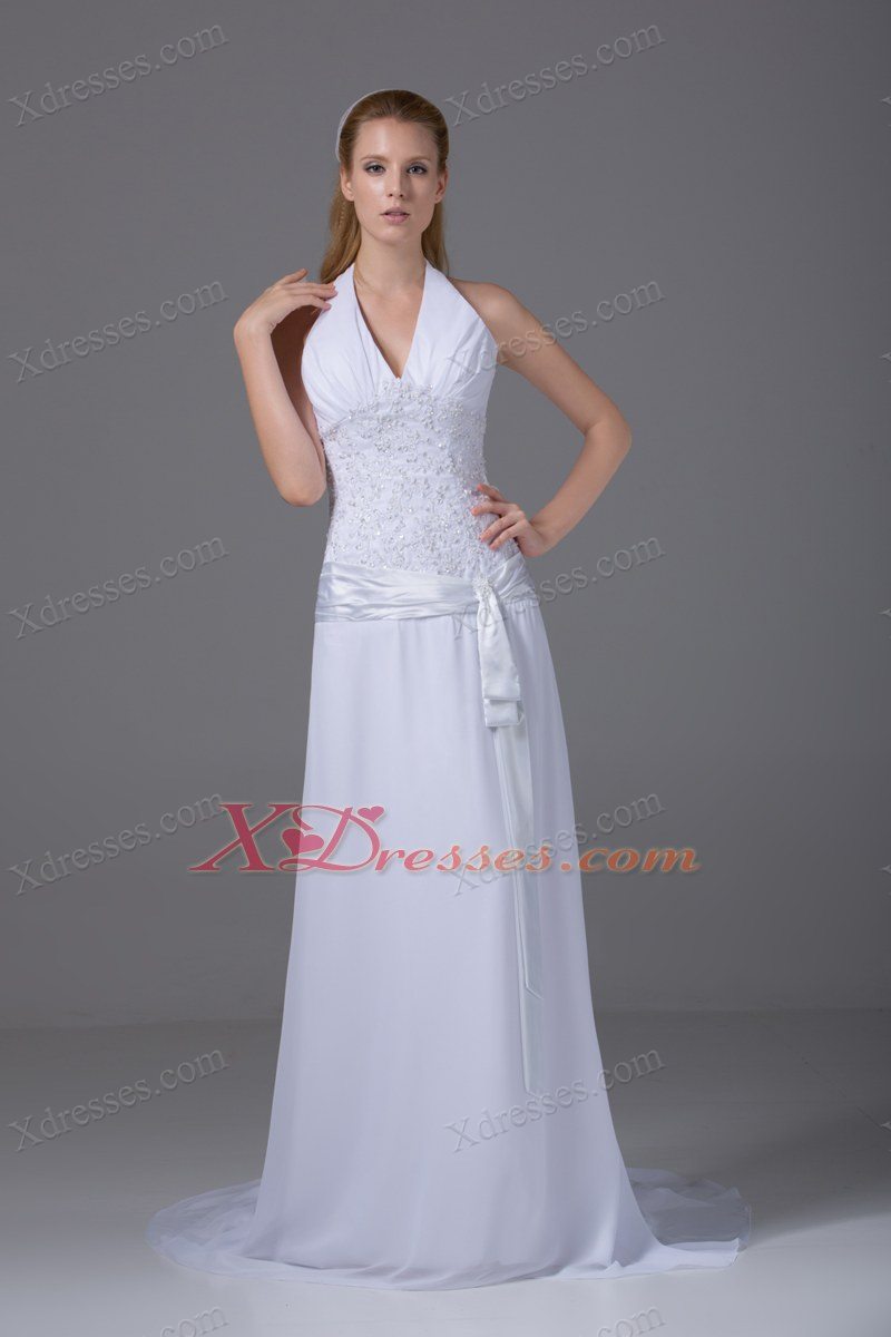 Halter Top Column Chiffon Appliques And Ruch Wedding Dress