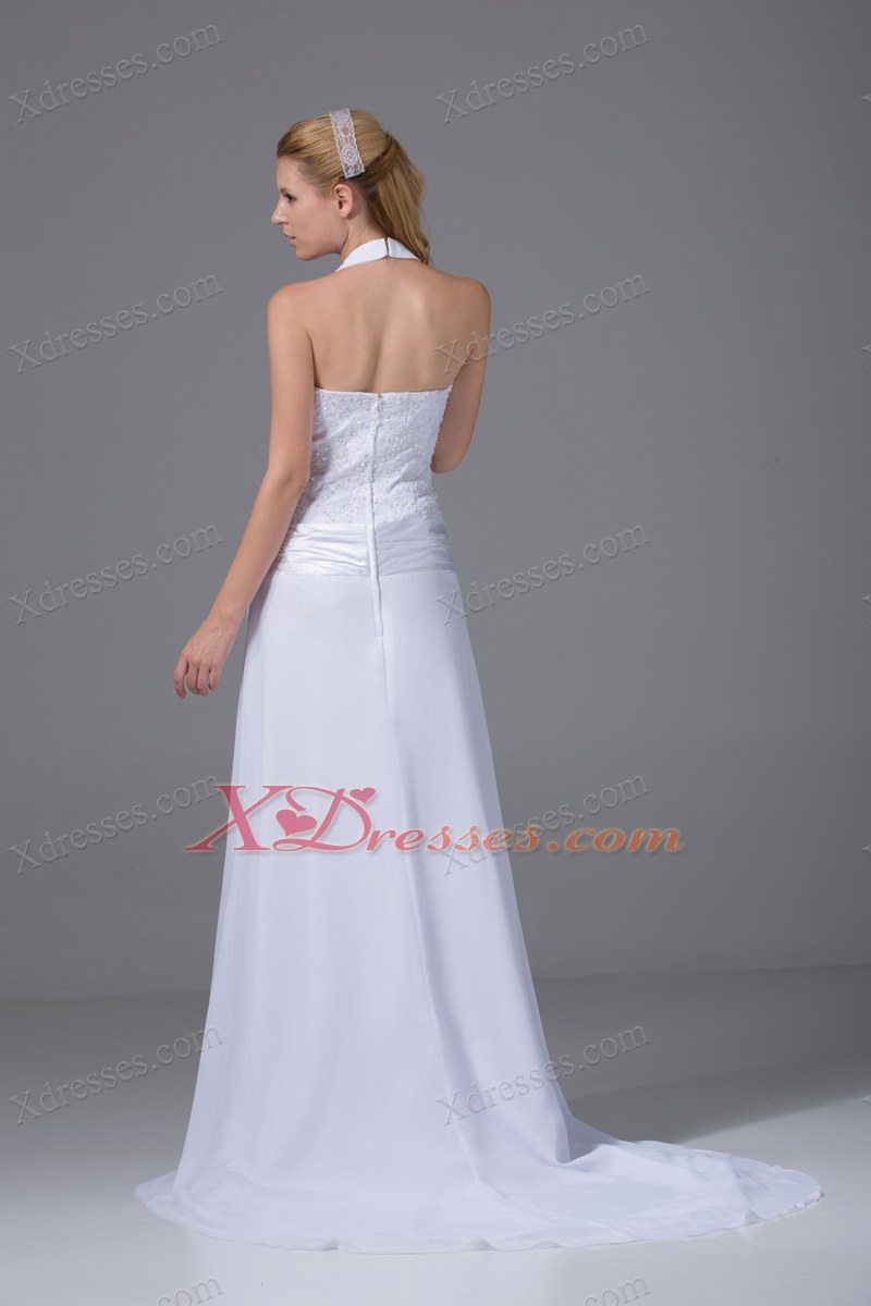 Halter Top Column Chiffon Appliques And Ruch Wedding Dress