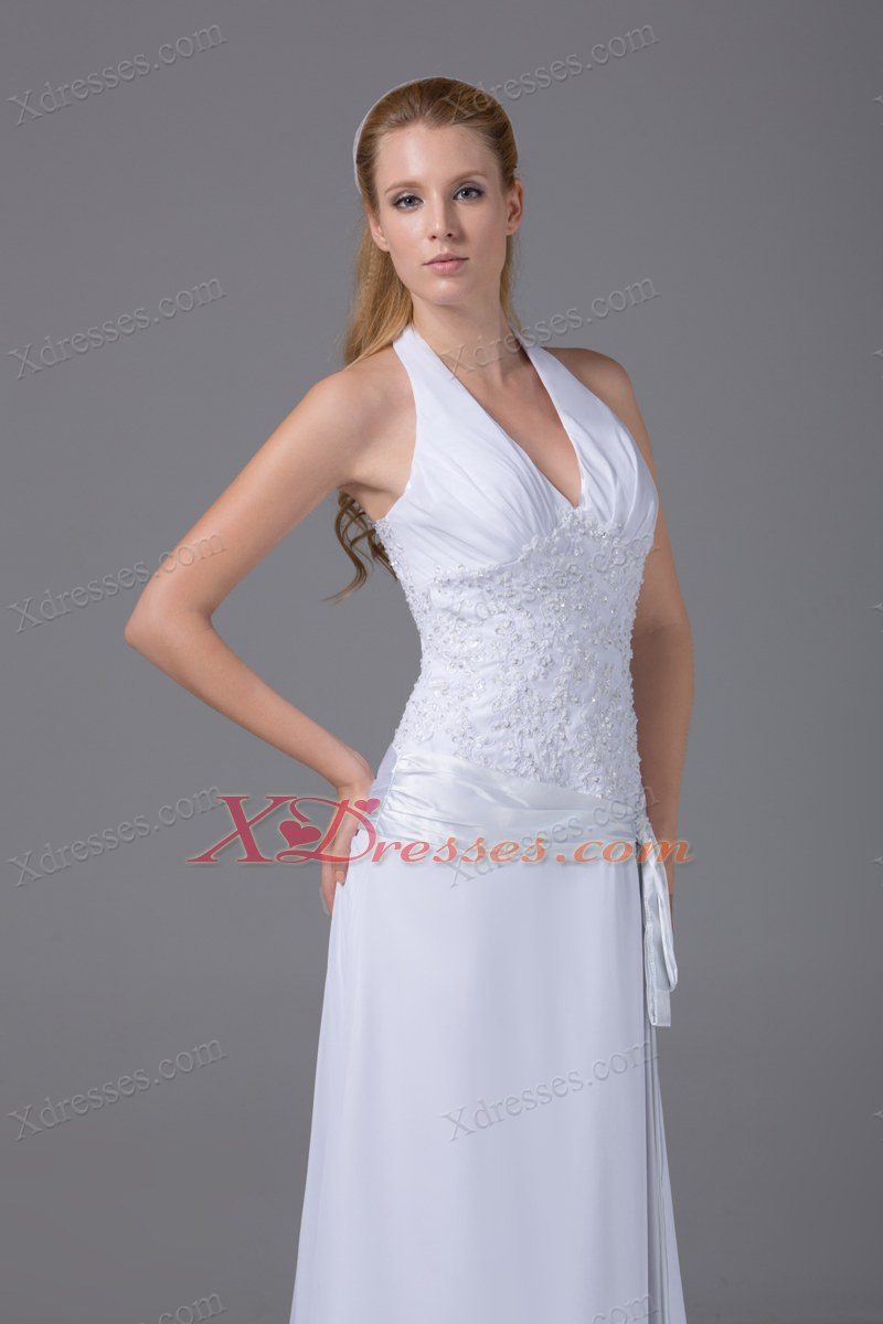 Halter Top Column Chiffon Appliques And Ruch Wedding Dress
