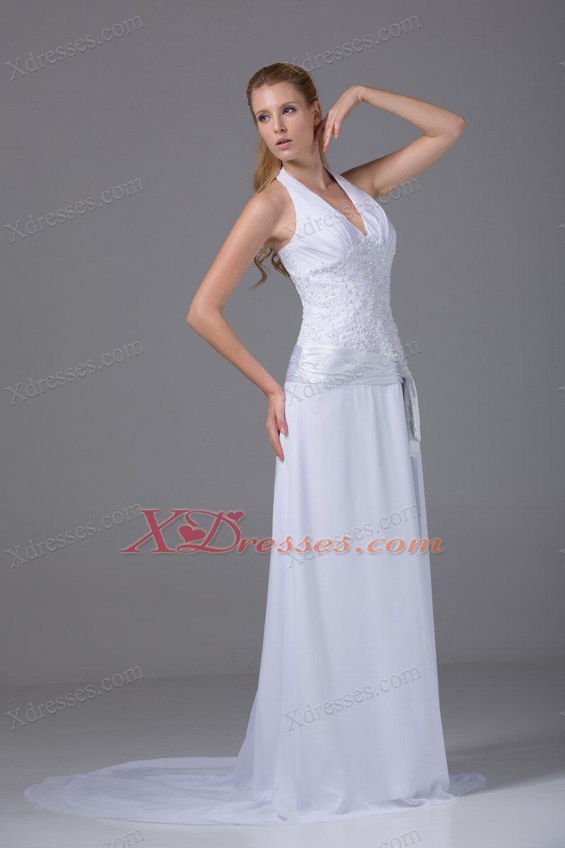 Halter Top Column Chiffon Appliques And Ruch Wedding Dress