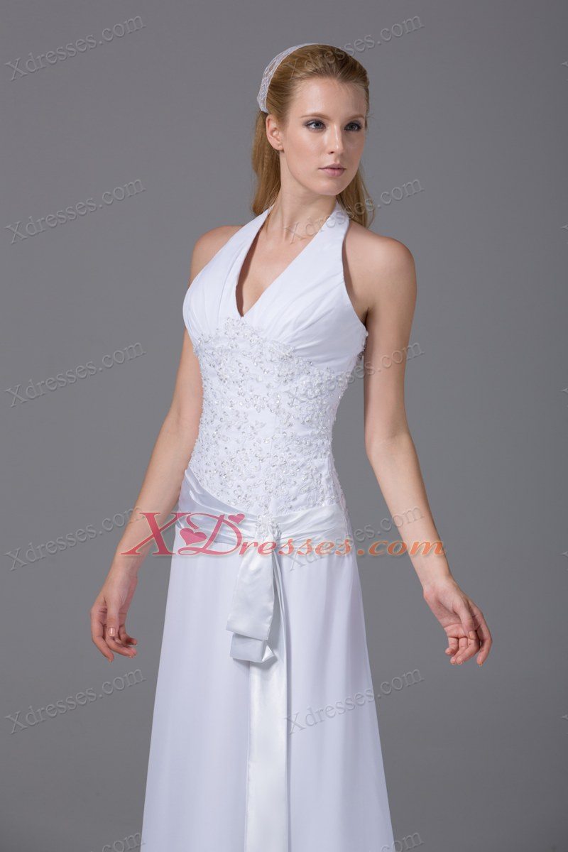 Halter Top Column Chiffon Appliques And Ruch Wedding Dress