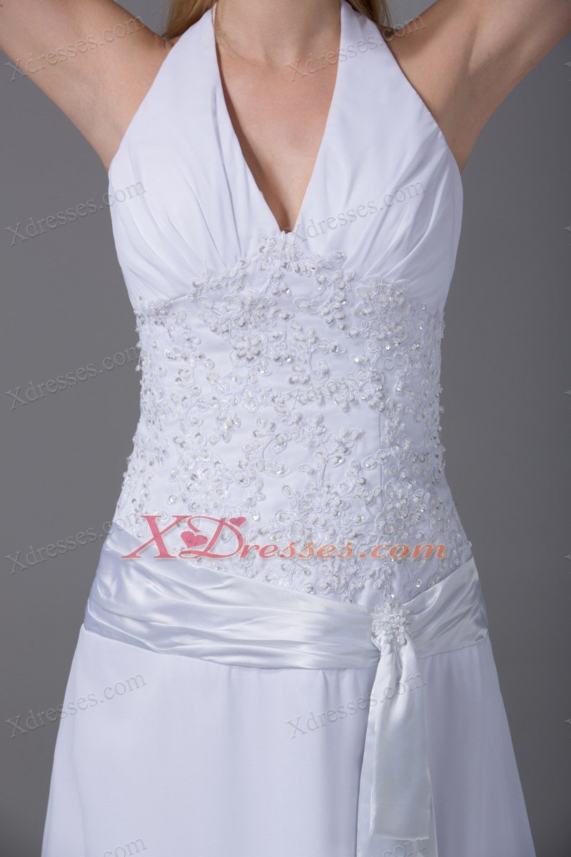 Halter Top Column Chiffon Appliques And Ruch Wedding Dress