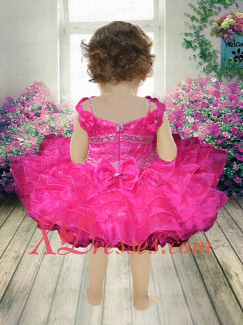 Hot Pink Beading and Ruffles Knee-length Little Girl Dress with Off the Shoulder