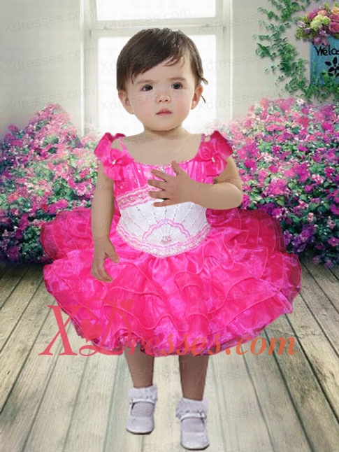 Hot Pink Beading and Ruffles Knee-length Little Girl Dress with Off the Shoulder