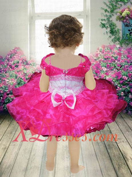 Hot Pink Beading and Ruffles Knee-length Little Girl Dress with Off the Shoulder