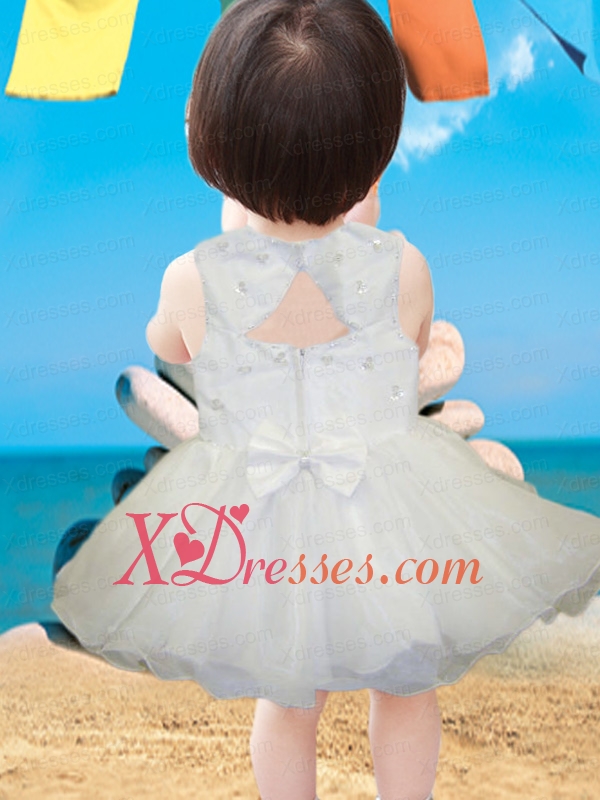 Cute A-Line Mini-length Beading Bowknot White Little Girl Dress with Square