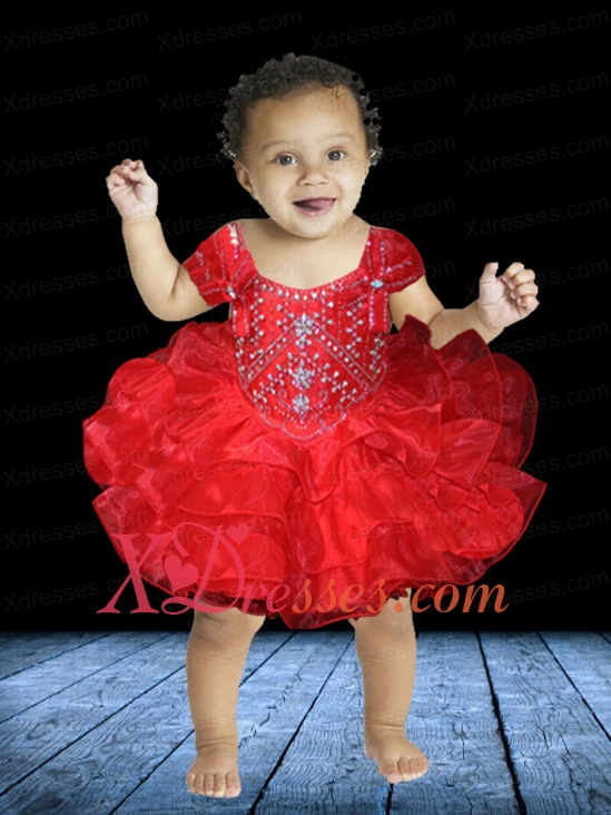 Cute Organza Beading Mini-length Little Girl Dress with Zipper-up