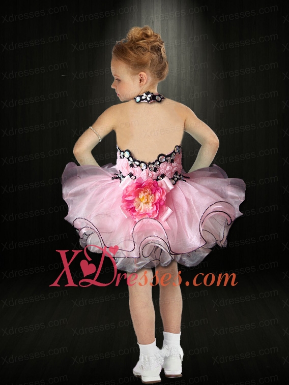 Popular Pink Ball Gown Halter Mini-length Little Girl Dress with Backless