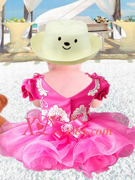 Sweet V-neck Mini-length Short Sleeves Little Girl Dress in Hot Pink