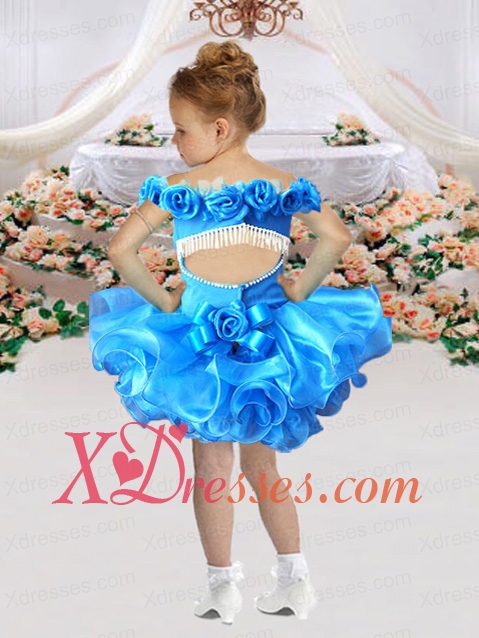 Short Off the Shoulder Backless Royal Blue Little Girl Dress with Beading