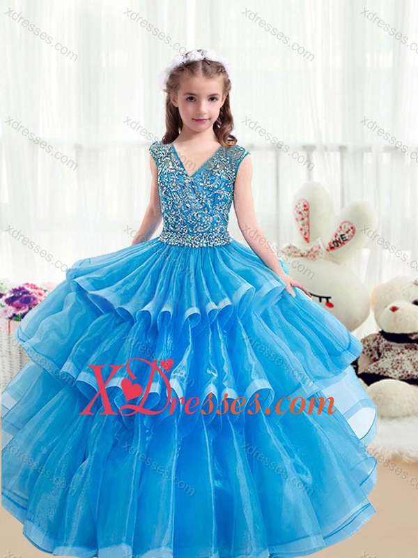 Cheap Pretty V Neck Baby Blue Little Girl Pageant Dresses with Ruffled Layers