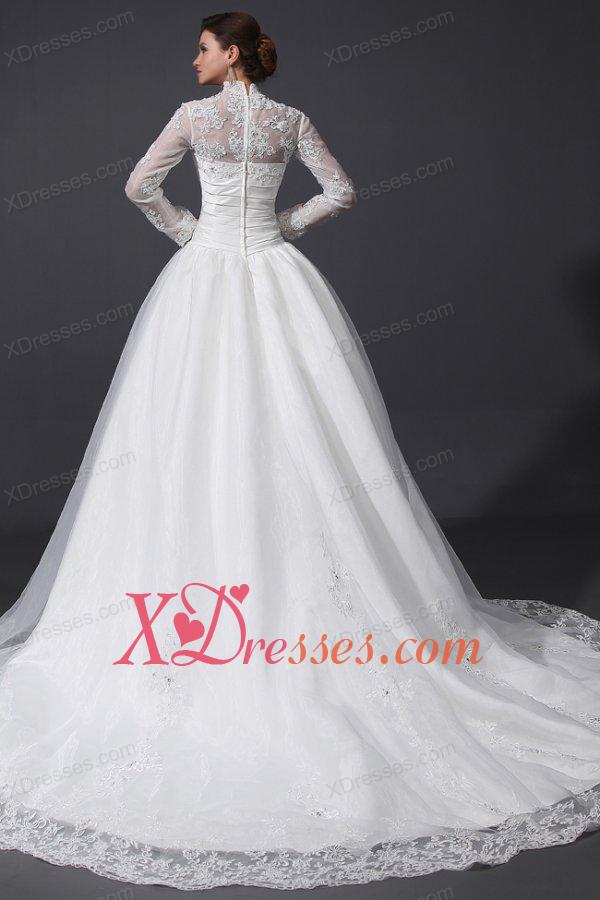 A-Line High Neck Organza Wedding Dress with Chapel Train with Appliques