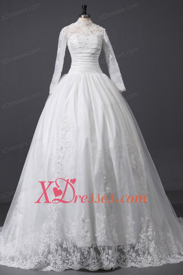 A-Line High Neck Organza Wedding Dress with Chapel Train with Appliques