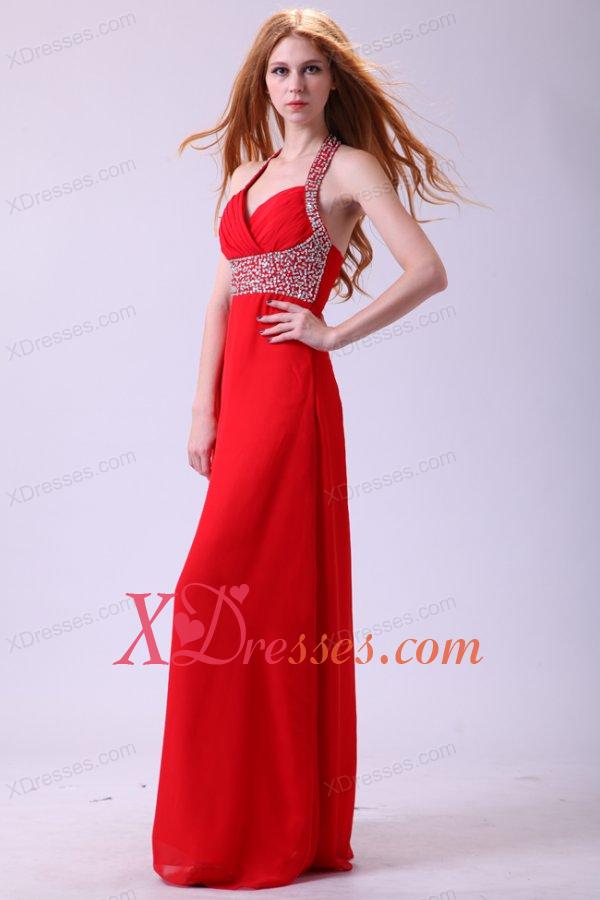2020 Empire Halter Beading Red Chiffon Floor-length Prom Dress