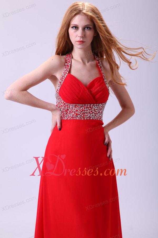2020 Empire Halter Beading Red Chiffon Floor-length Prom Dress
