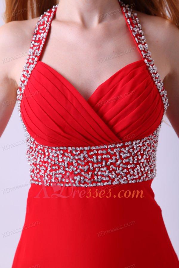 2020 Empire Halter Beading Red Chiffon Floor-length Prom Dress
