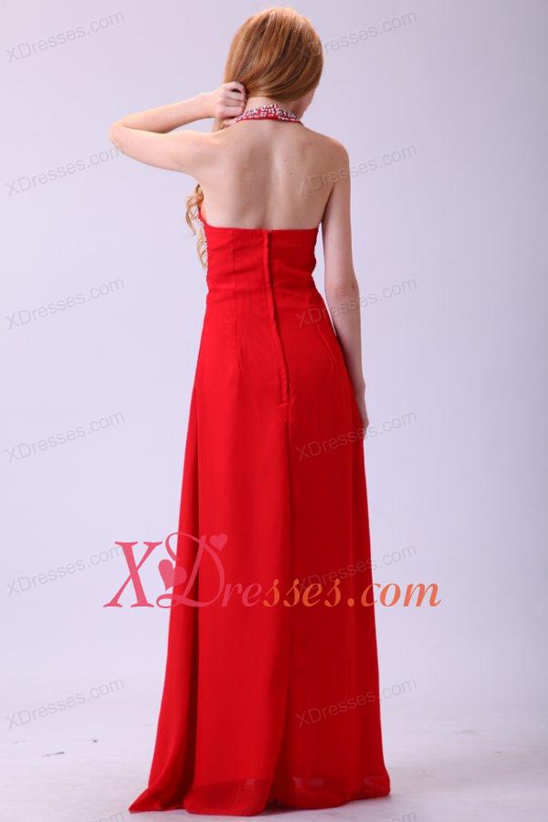 2020 Empire Halter Beading Red Chiffon Floor-length Prom Dress