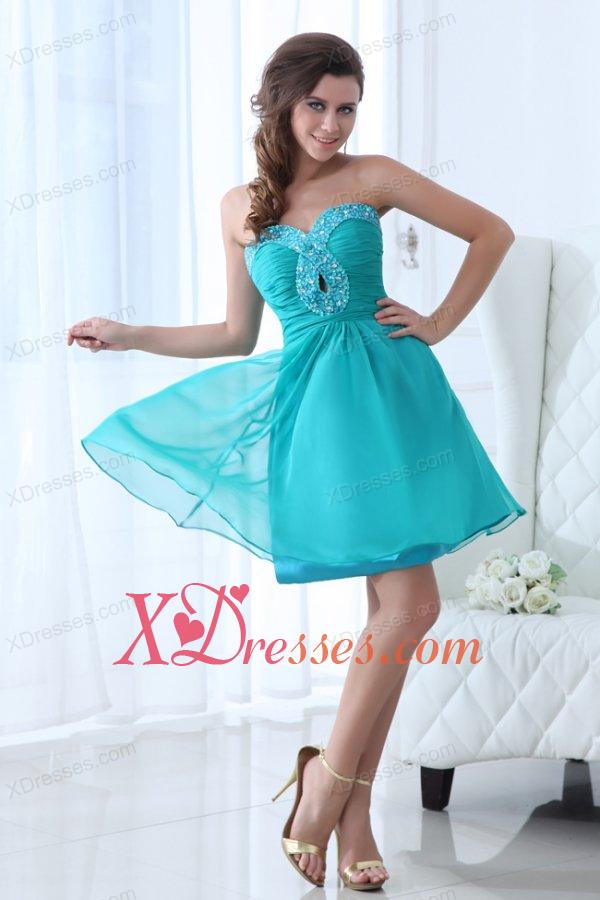 Aqua Blue Sweetheart Beaded Prom Dress with Knee-length