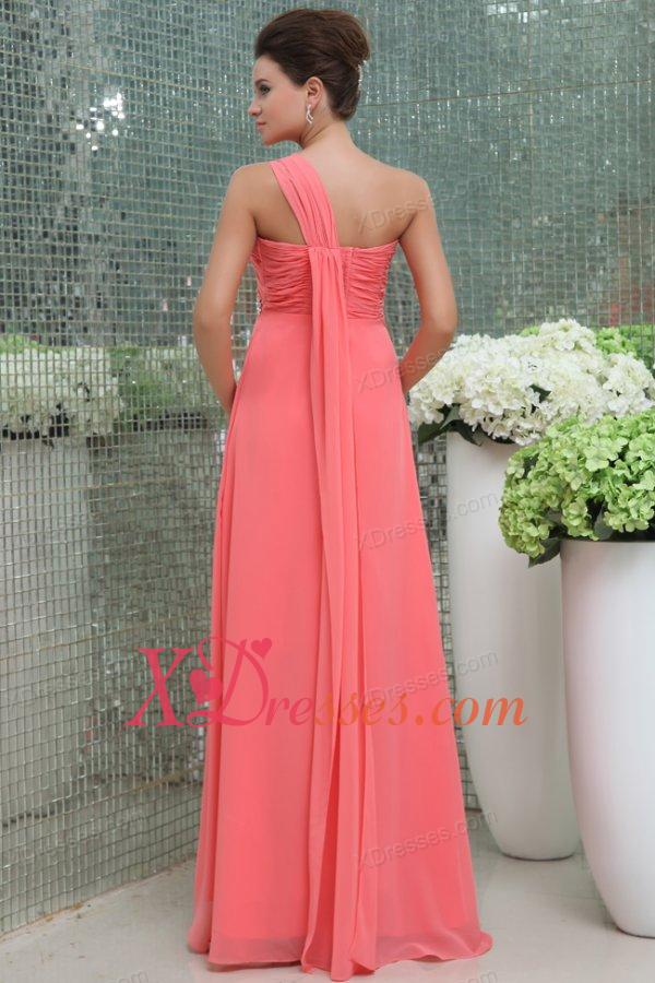 Watermelon Red One Shoulder Ruching Beading Floor-length Prom Dress