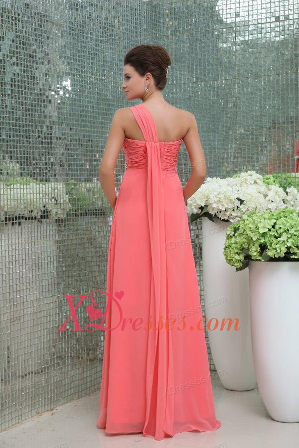 Watermelon Red One Shoulder Ruching Beading Floor-length Prom Dress